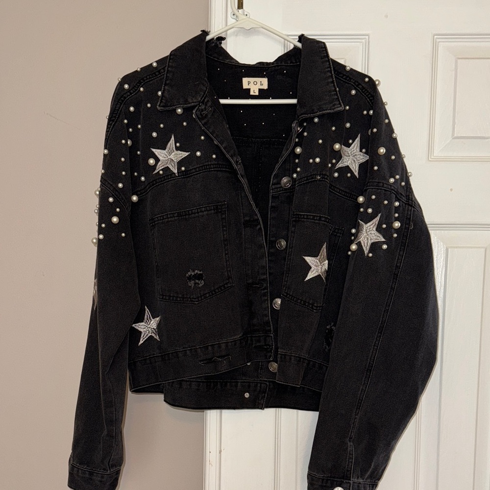 POL Black Distressed Jean Jacket with Star and Pearl Details- NWOT from VICI